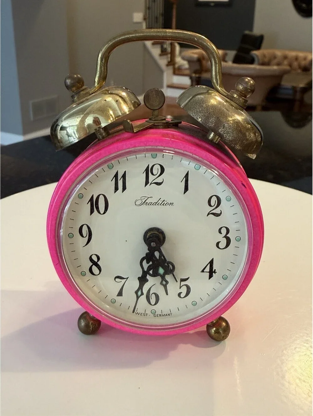 Vtg Tradition West Germany Pink Wind Up Alarm Clock Twin Brass Bells Works